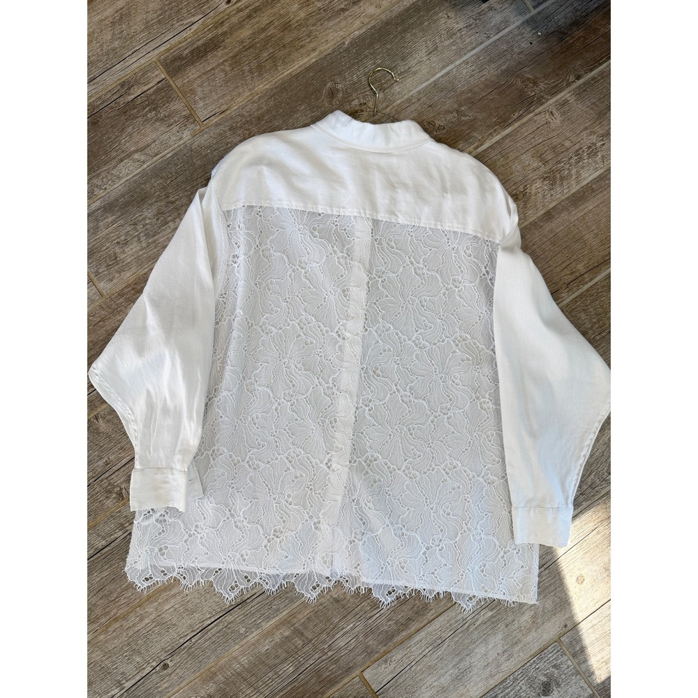 H&M Button Down Shirt Womens L White Excellent Lace Back Eyelash Trim Oversized - Picture 6 of 9
